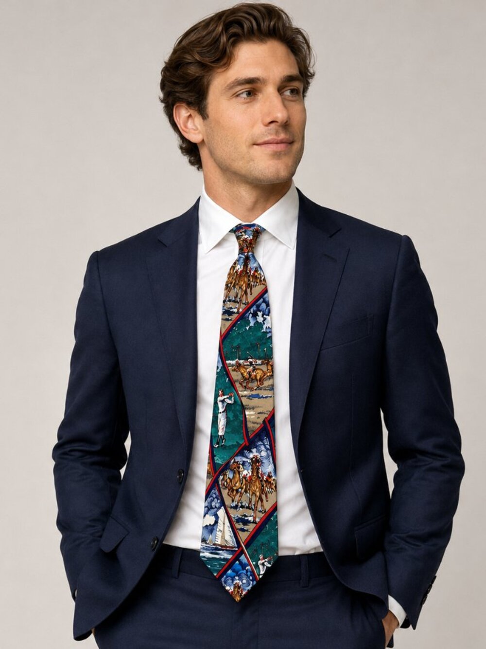 JT Beckett Vintage Silk Tie Sports Polo Golf Sailing Print USA Retro Statement